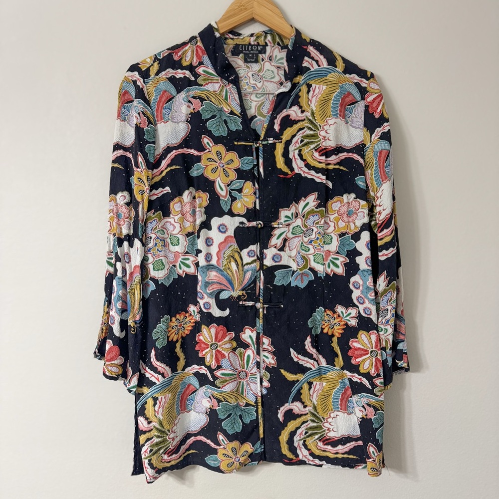 Citron Santa Monica Silk Asian Floral Crane Tunic Top Black Multicolor M - Picture 3 of 6